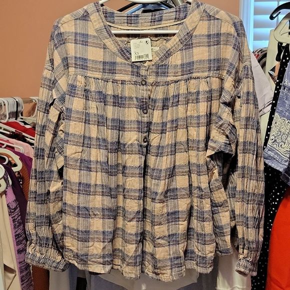 Free People Jessie Plaid Balloon-Sleeve Top Grey Combo XS - Picture 3 of 4